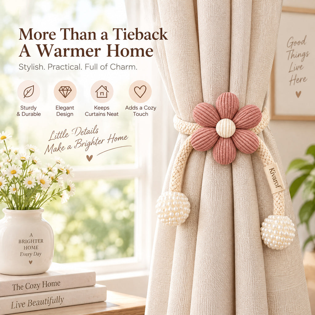 Rose Pink Crochet Flower Curtain Tieback – Braided Rope Accent