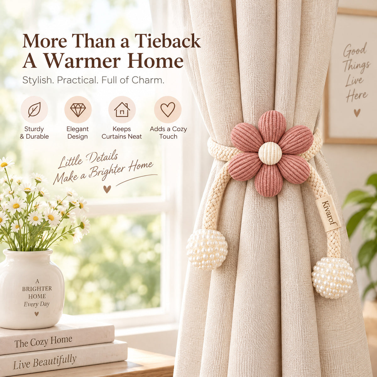 Rose Pink Crochet Flower Curtain Tieback – Braided Rope Accent