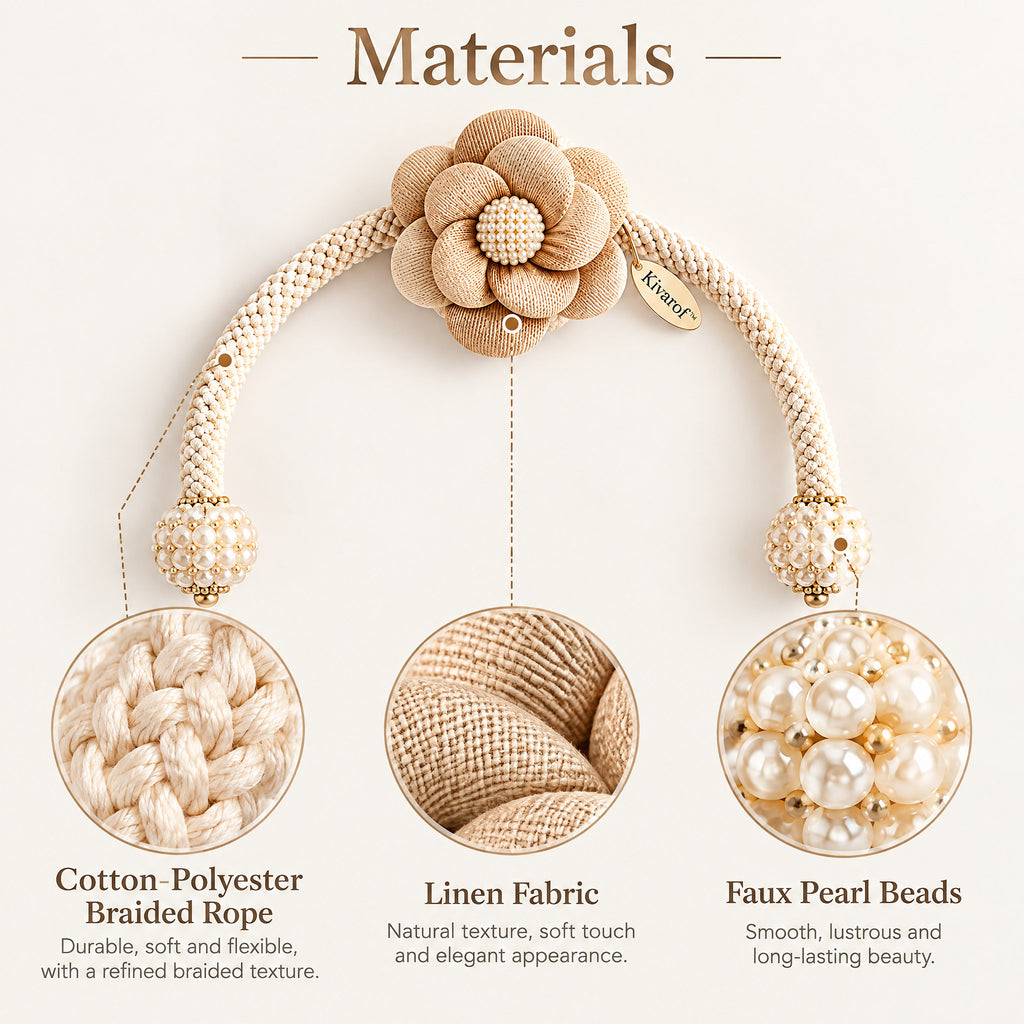 Natural Beige Linen Flower Curtain Tieback – Pearl Accents