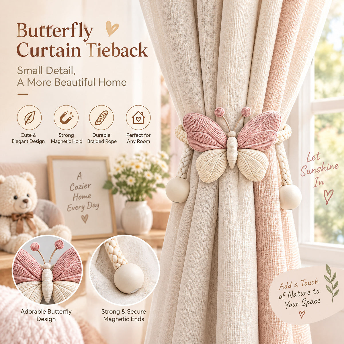 Blush Pink Lotus Curtain Tieback – Delicate Floral Drapery Accent