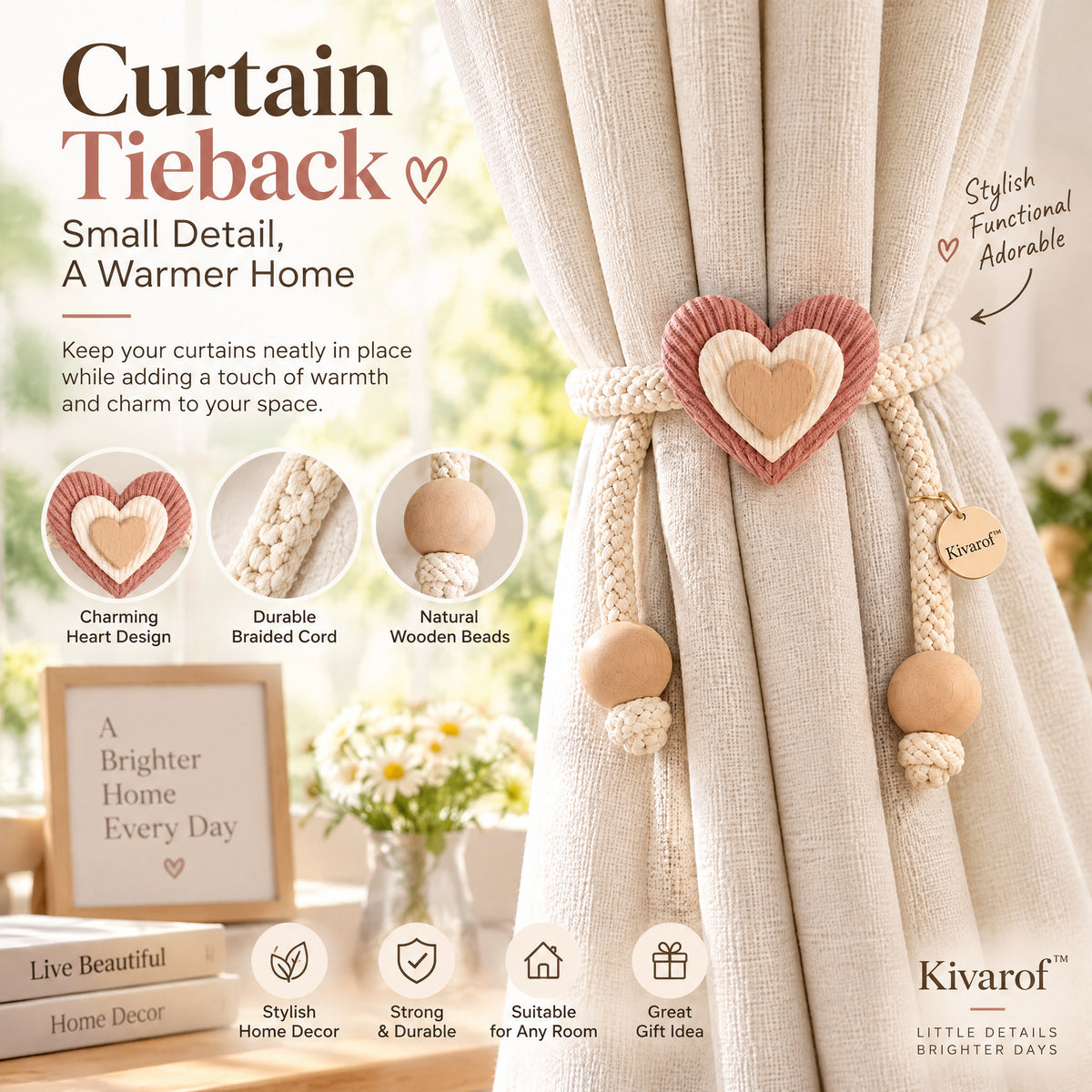 Natural Sand Linen Flower Curtain Tieback – Woven Neutral Style